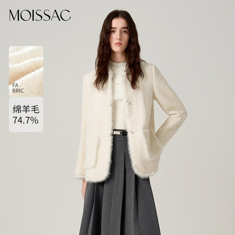 摩萨克冬款绵羊毛圆领长袖毛边新中式羊毛大衣西装短外套女,女装/女士精品,毛呢外套,淘宝优惠券,粉丝福利购,淘宝优惠卷