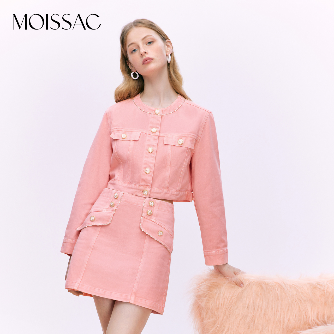 MOISSAC摩萨克奥莱法式精致气质粉色小香风甜酷牛仔外套女