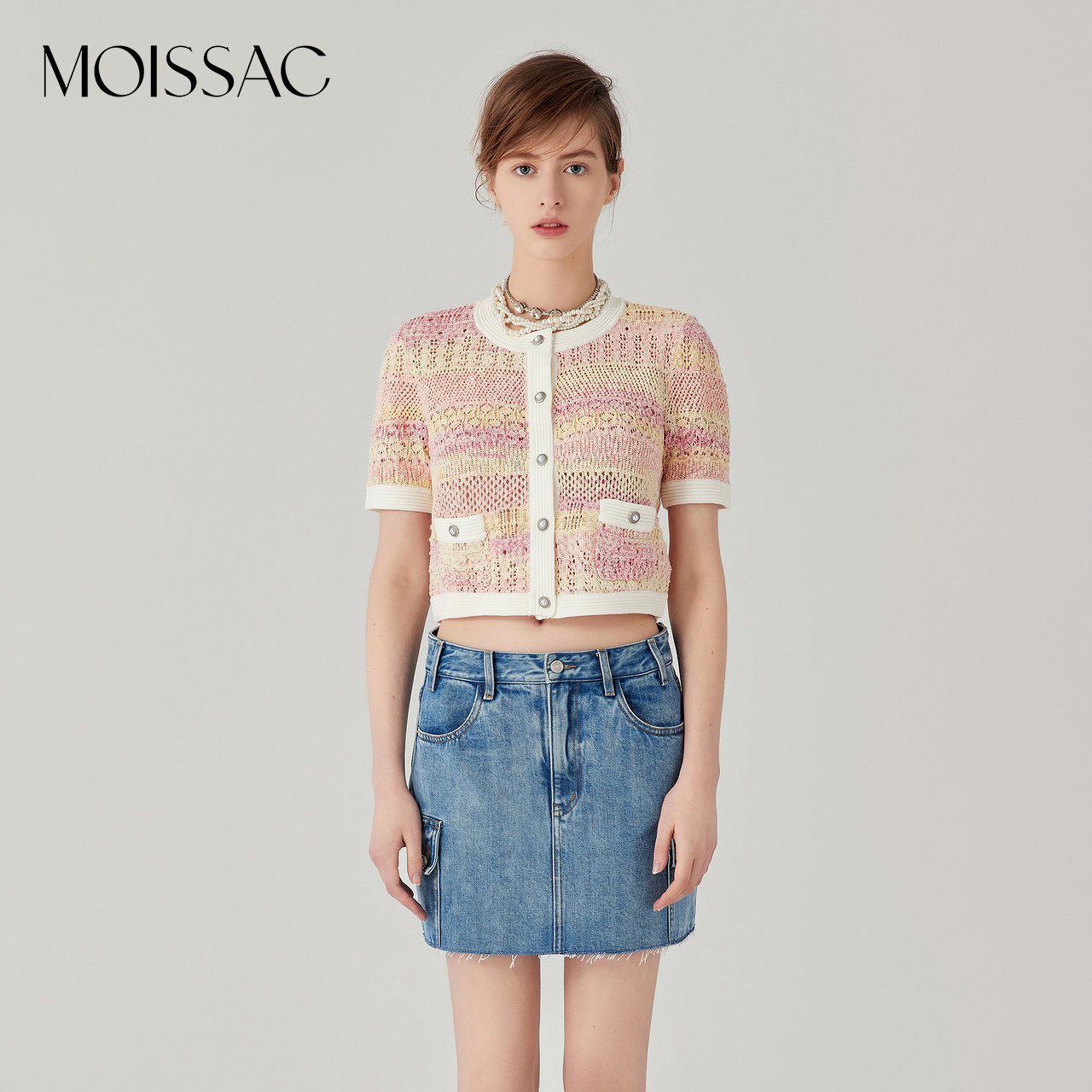 商场同款 摩萨克夏款棉法式粉黄拼色渐变短袖毛针织开衫女,女装/女士精品,毛针织衫,淘宝优惠券,粉丝福利购,淘宝优惠卷