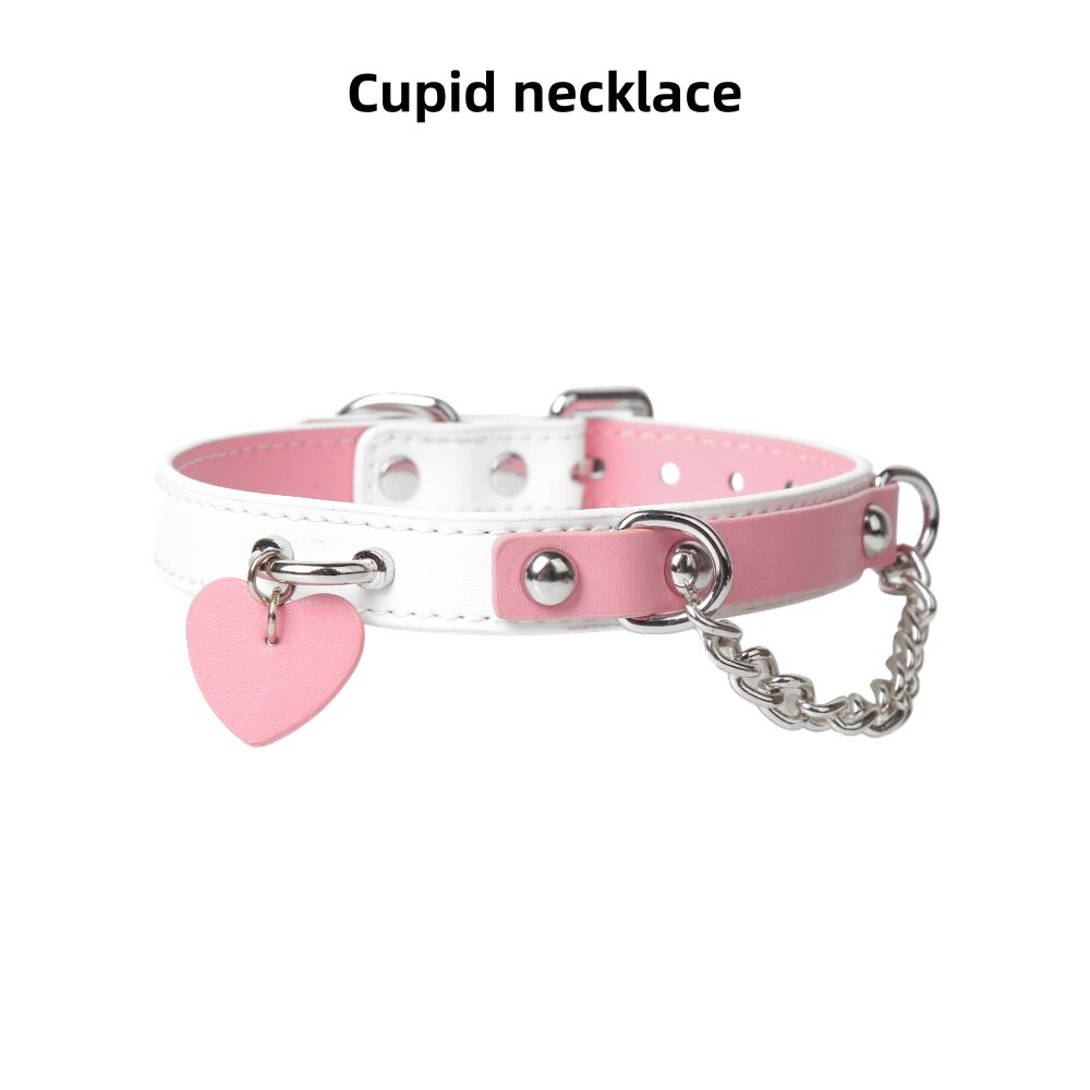粉白爱心puppy牛皮项圈choker颈环带牵引链【Cupid necklace】
