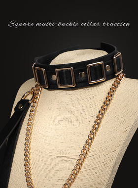 黑色方形多扣项圈女牵引金属绳