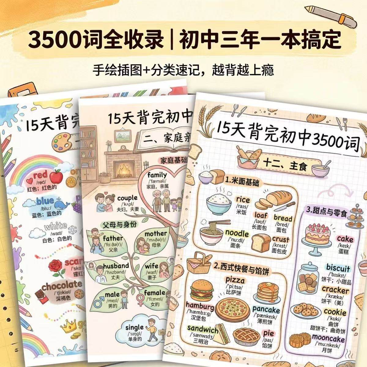 初中英语15天牢记3500词手绘版核心词汇速记趣味漫画合集笔记本