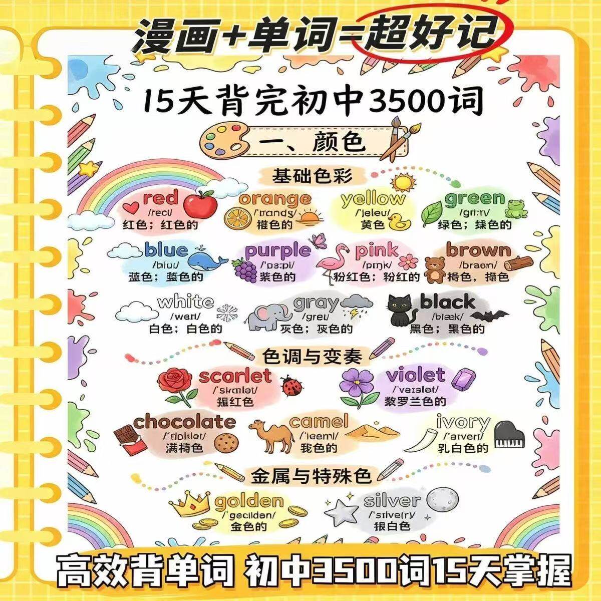 初中英语15天牢记3500词手绘版核心词汇速记趣味漫画合集笔记本