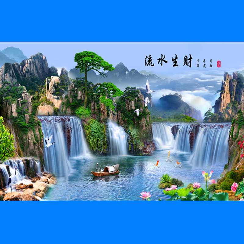 鱼缸背景 新款高清贴图定制风景字画流K水生财缸外带胶水族箱壁纸