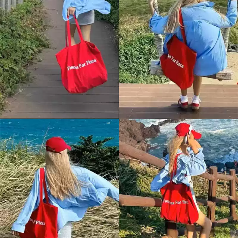 ins韩系红色大容量日常帆布包女