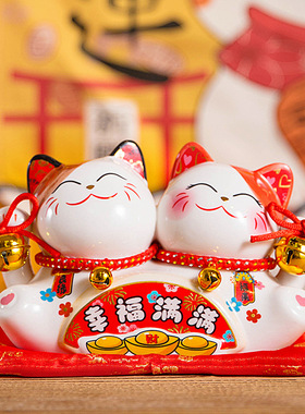 国潮猫小摆件店铺前台开业礼品陶瓷创意客厅装饰存钱