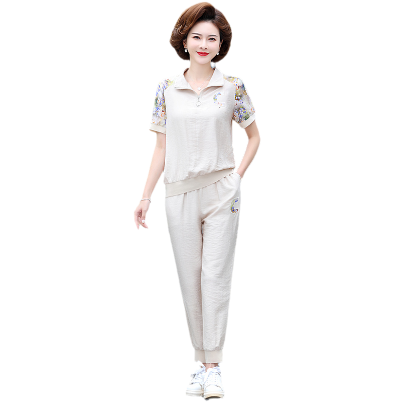 年轻妈妈中老年时尚休闲短袖棉麻运动服女2025夏新款中年两件套装