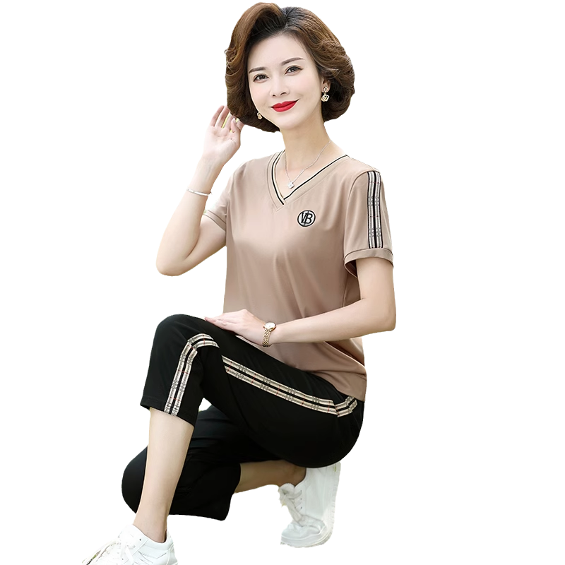 中老年妈妈短袖纯棉休闲运动衣服女2025夏季新款洋气中年两件套装