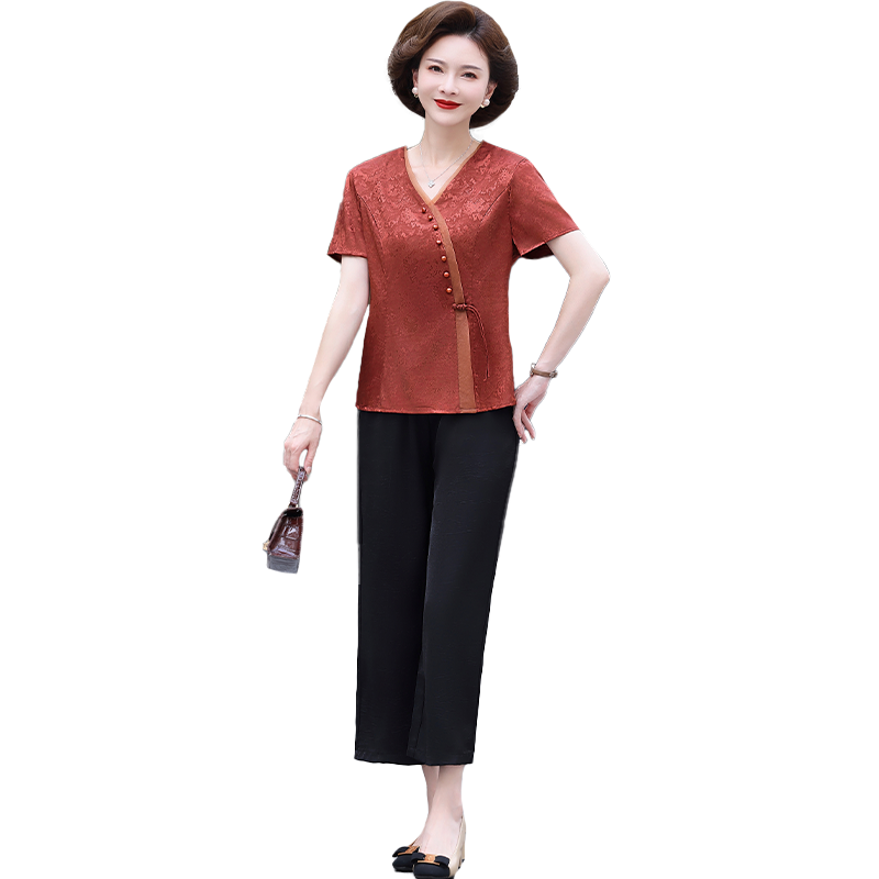 中老年妈妈夏装国风短袖小衫新款中年女夏季洋气高贵T恤时尚套装