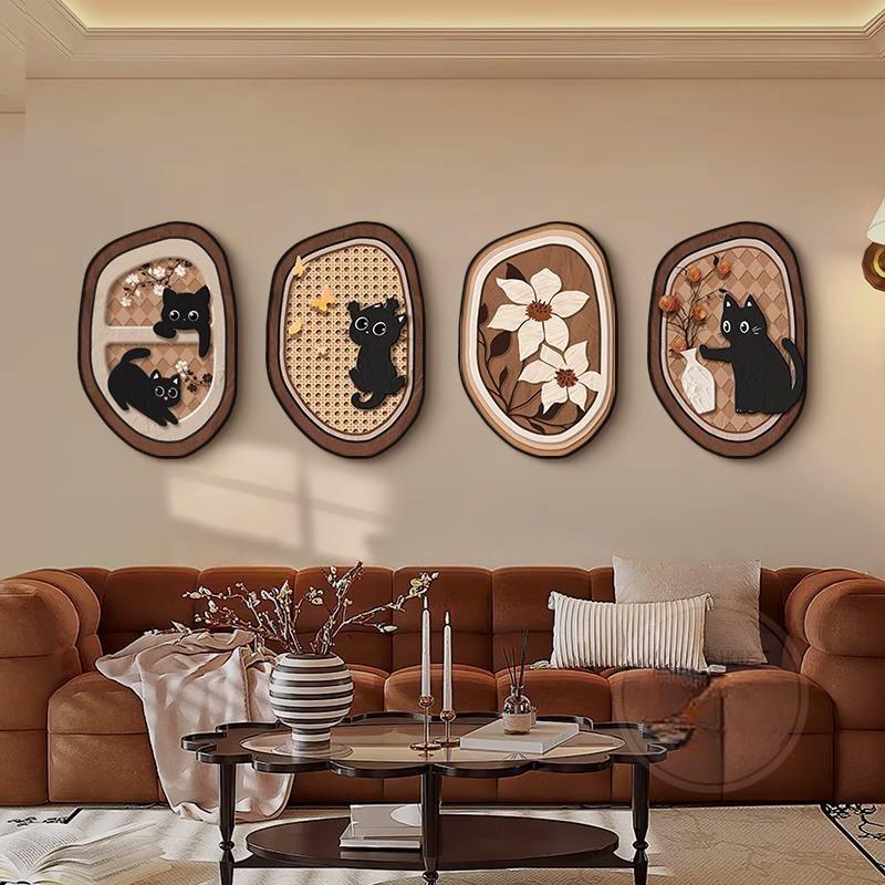中古风客厅装饰画法式猫咪创意沙发背景墙挂画高级感小众复古壁画