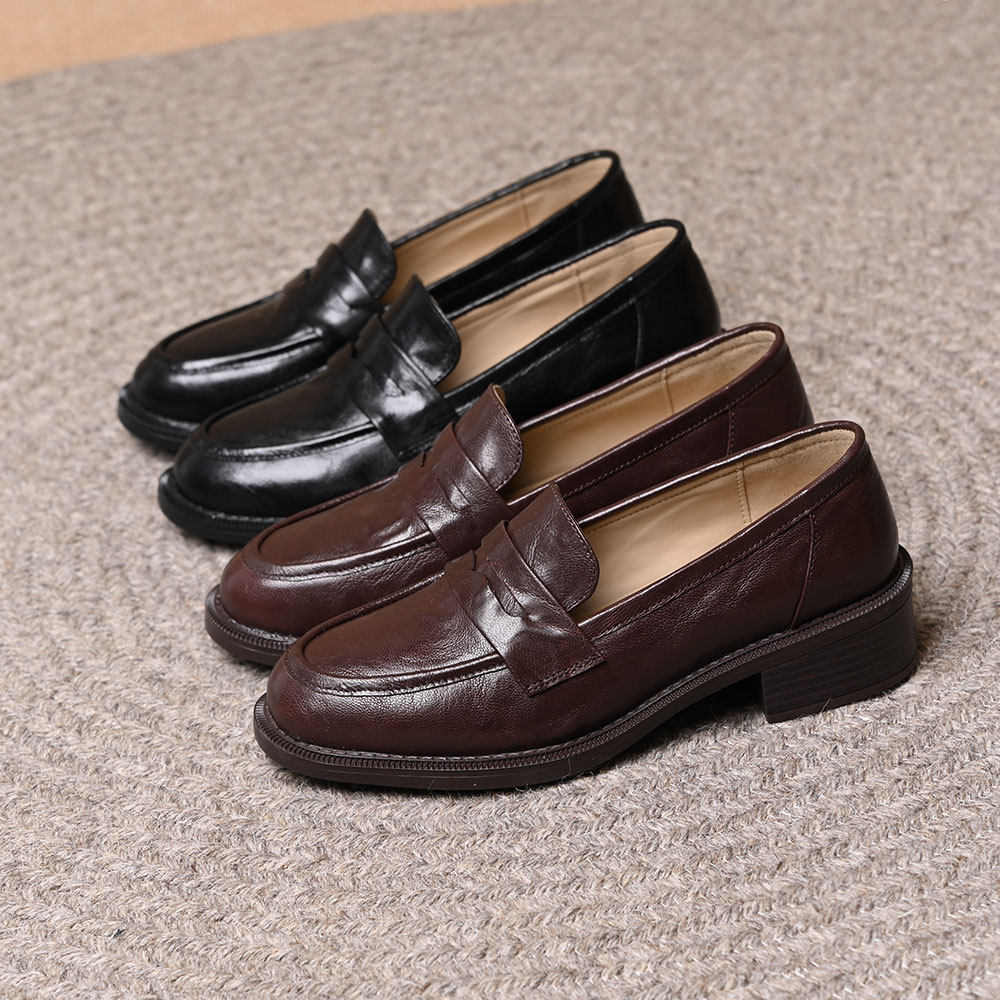 头层羊皮英伦风粗跟乐福鞋女2025春季新款厚底一脚蹬通勤深口单鞋,女鞋,深口单鞋,淘宝优惠券,粉丝福利购,淘宝优惠卷