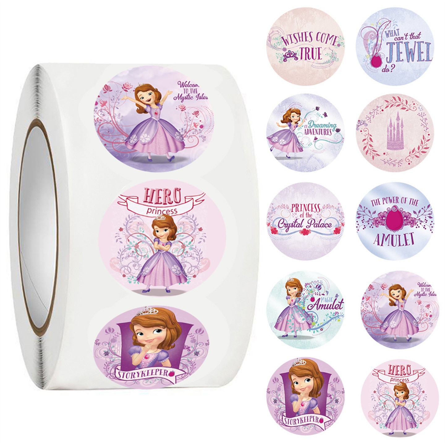 500贴/卷小女孩卡通苏菲亚公主卷卷贴纸装饰礼物袋保温杯平板文具行李箱墙面桌子衣柜头盔信封DIY益智封口贴