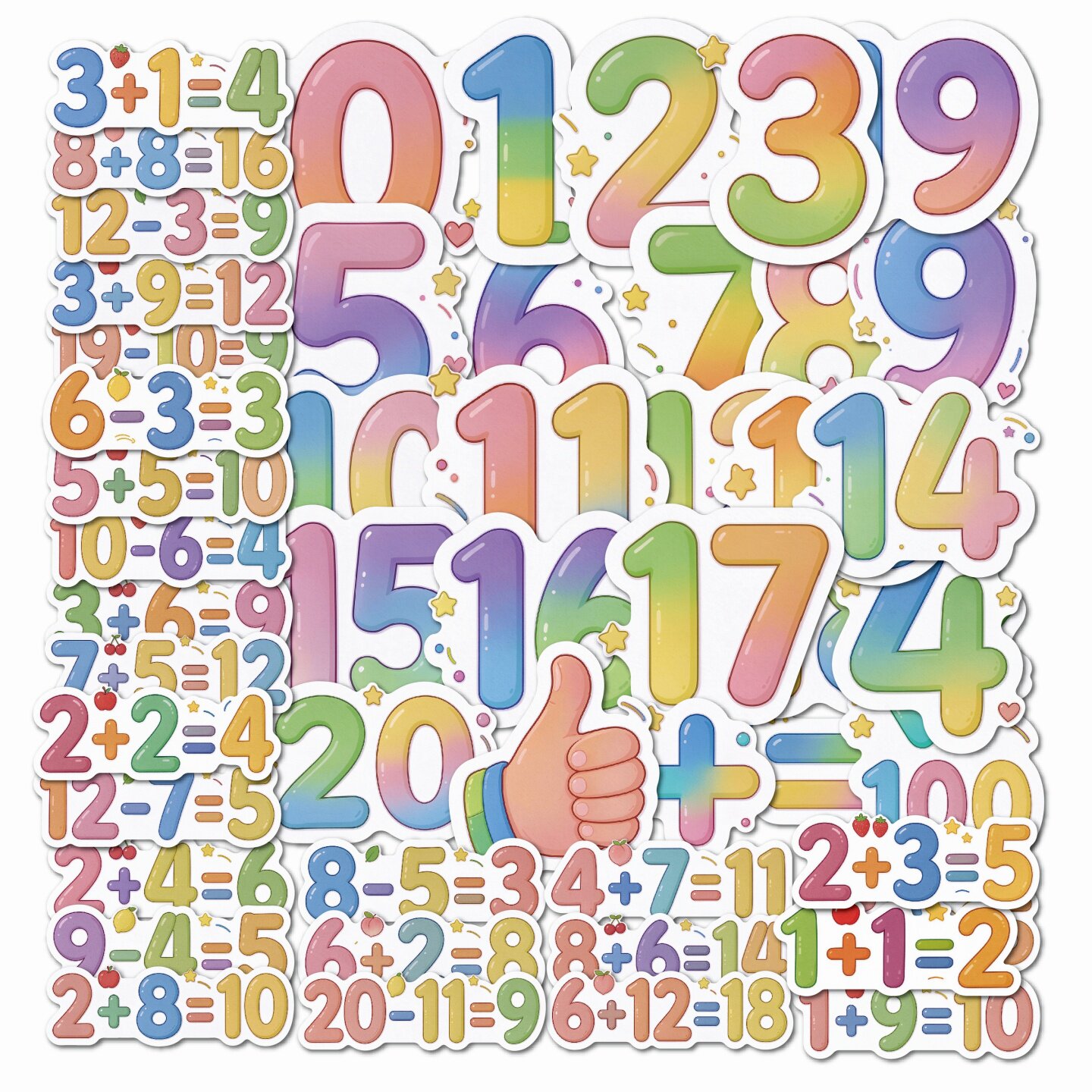 50张儿童数学算术加减数字贴纸益智可爱彩虹算式贴画儿童奖励幼儿园贴画装饰水杯行李箱笔记本平板墙面DIY贴