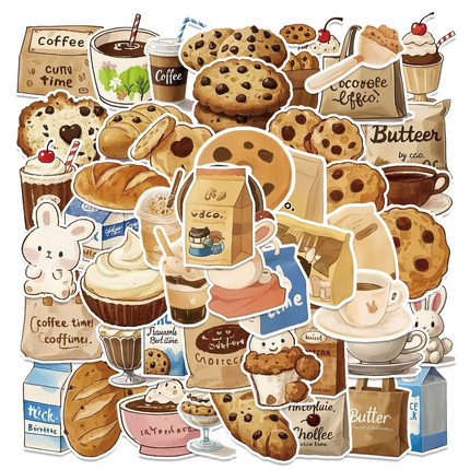 50张巧克力豆曲奇咖啡面包美食系列贴纸小兔ins贴画装饰笔记本头盔手机橱窗水杯平板电脑桌子翻新DIY防水贴纸