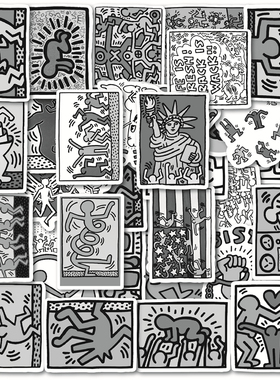 50张凯斯哈林街头艺术黑色抽象贴纸高级感装饰笔记本头盔相框画保温杯电动车滑板iPad墙面键盘DIY防水贴贴纸