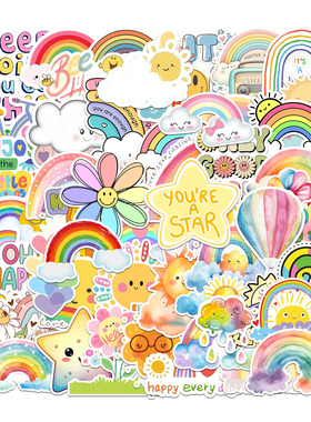 50张阳光云朵小花彩虹画ins风小清新贴纸颜值高可爱女孩装饰笔记本头盔行李箱水杯电动车平板手机DIY鞋柜贴纸