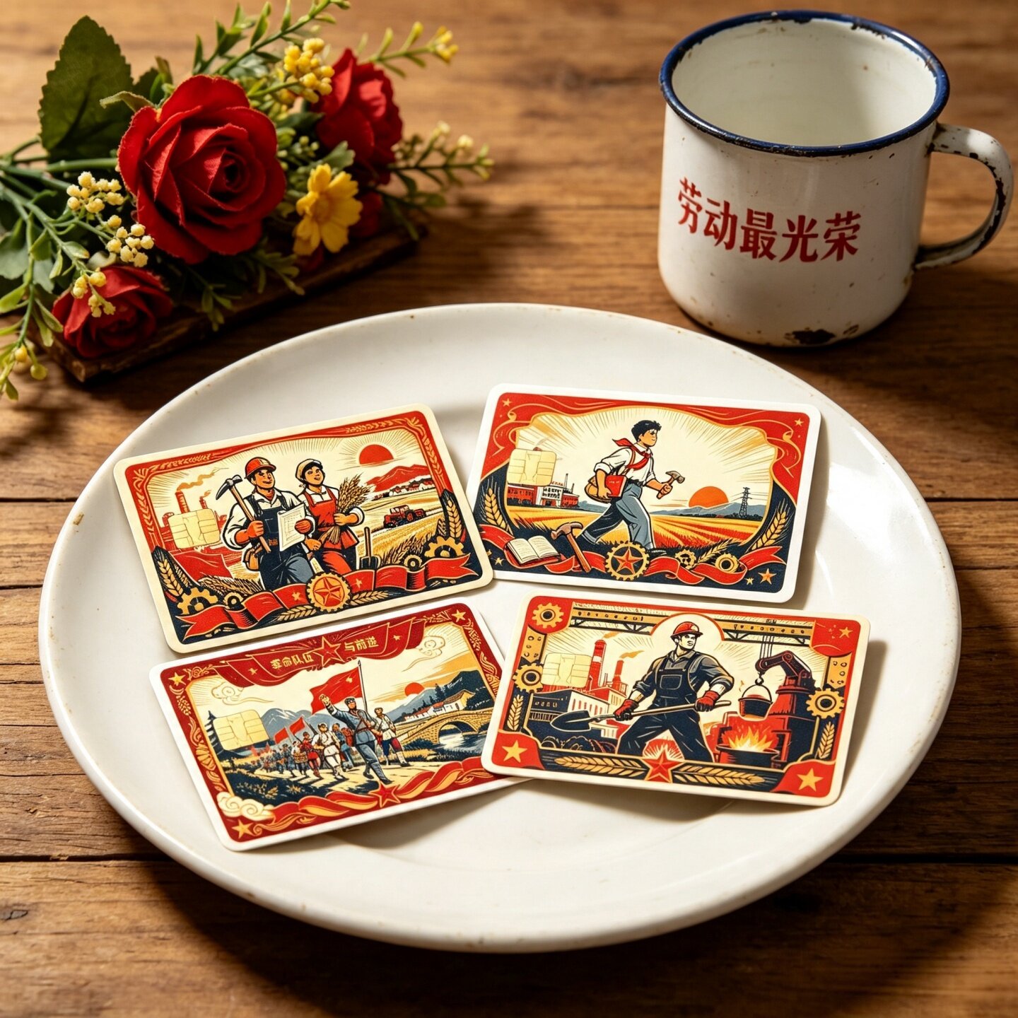 复古工农风卡贴老版画劳动银行卡