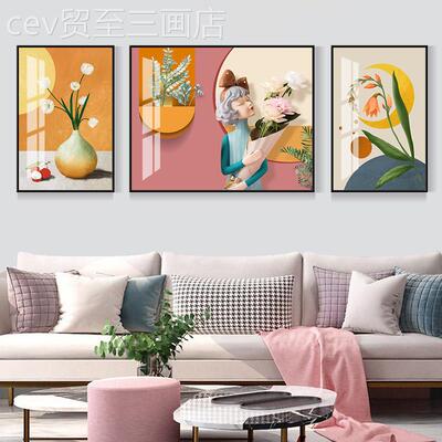 网红晶客装饰画沙美式三联画壁画欧式发背墙景画高档大气厅瓷挂画