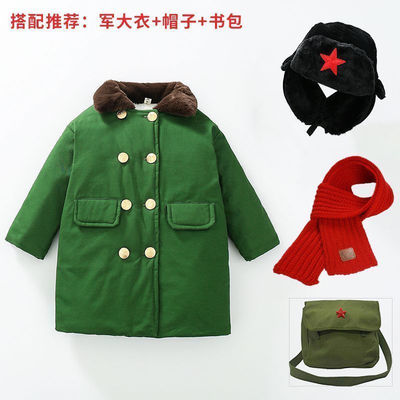 儿童大衣加棉加厚保暖冬季中长款军绿色男童复古外套宝宝棉衣加绒