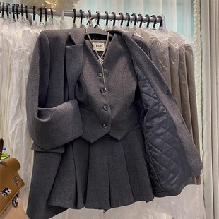 韩国东大门小个子马甲百褶短裙三件套毛呢西装外套A字套装裙子女