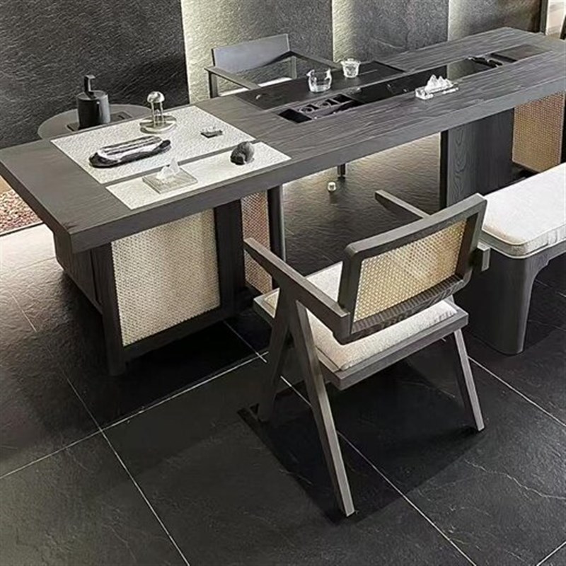 新中式白蜡木桌椅组合客厅家用黑胡桃木泡茶桌轻奢别墅办公室茶台