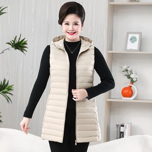 2024中老年轻薄款羽绒服马甲女中长款连帽妈妈装拉链内胆背心外穿