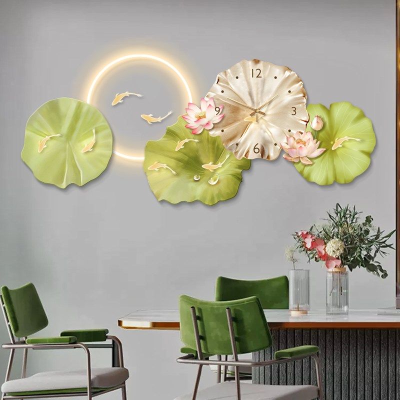 餐厅装饰画轻奢高级感九鱼图挂钟饭厅壁画客厅背景墙钟表挂画带灯