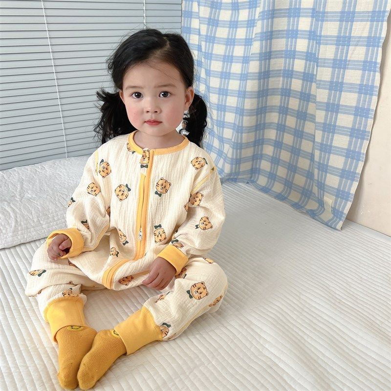 纱布儿童睡衣连体女童女孩男童宝宝薄款春秋薄款家居服睡袍纯棉