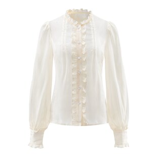 vvok木耳边设计宫廷风雪纺衬衫女甜辣气质百搭薄款浅杏色长袖上衣