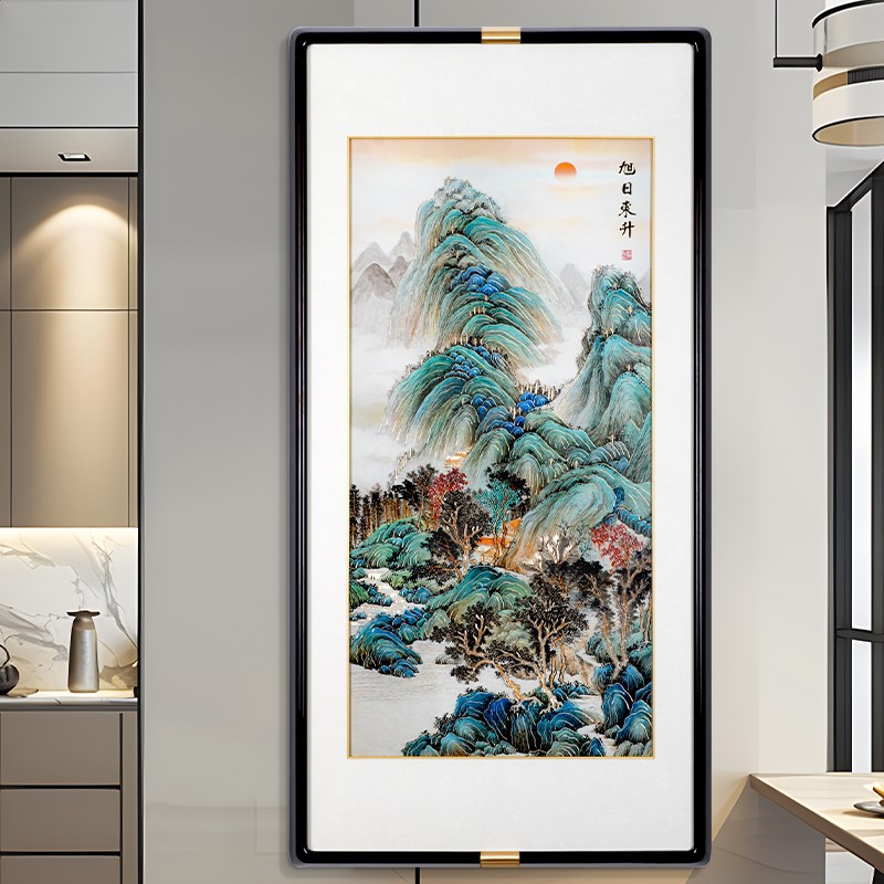 入户玄关正对门新中式装饰画旭日东升山水手工錾刻铜雕走廊挂画图片