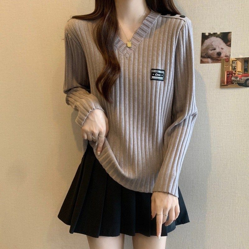 宽松显瘦【80-200斤】坑条v领长袖打底针织上衣女秋冬内搭毛衣衫,女装/女士精品,大码内搭,淘宝优惠券,粉丝福利购,淘宝优惠卷