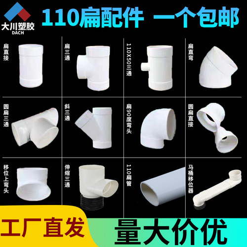pvc扁管配件110椭圆管马桶移位器变径排水管圆变扁直接三通弯头