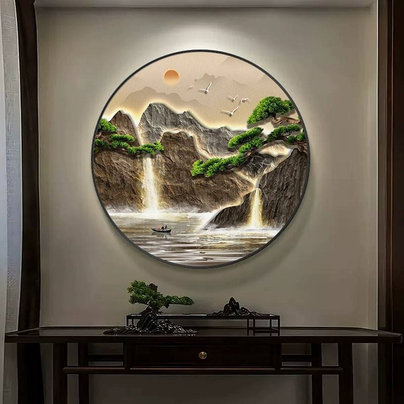 迎客松玄关装饰画新中式灯画饭店入户挂画餐馆壁画晶瓷工艺图片