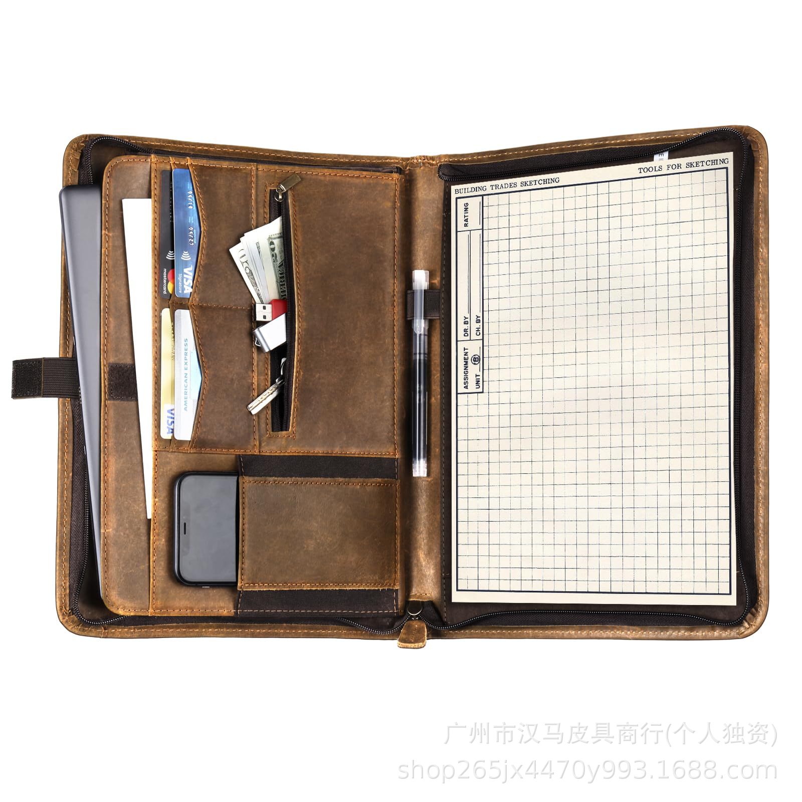 复古疯马皮A5商务多功能拉链夹