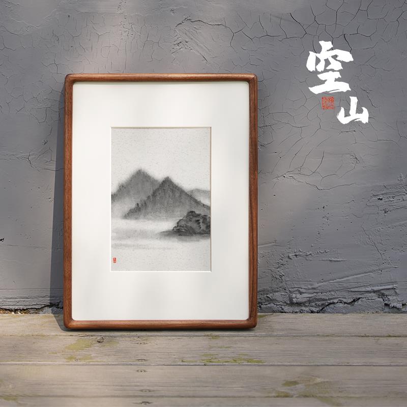 水墨山峰挂画日式书房新中式山水禅意极简黑白抽象沙发背景装饰画图片