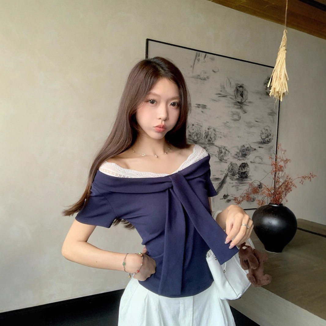 假两件蕾丝拼接披肩短袖t恤女夏季设计感甜辣妹修身chic韩系上衣