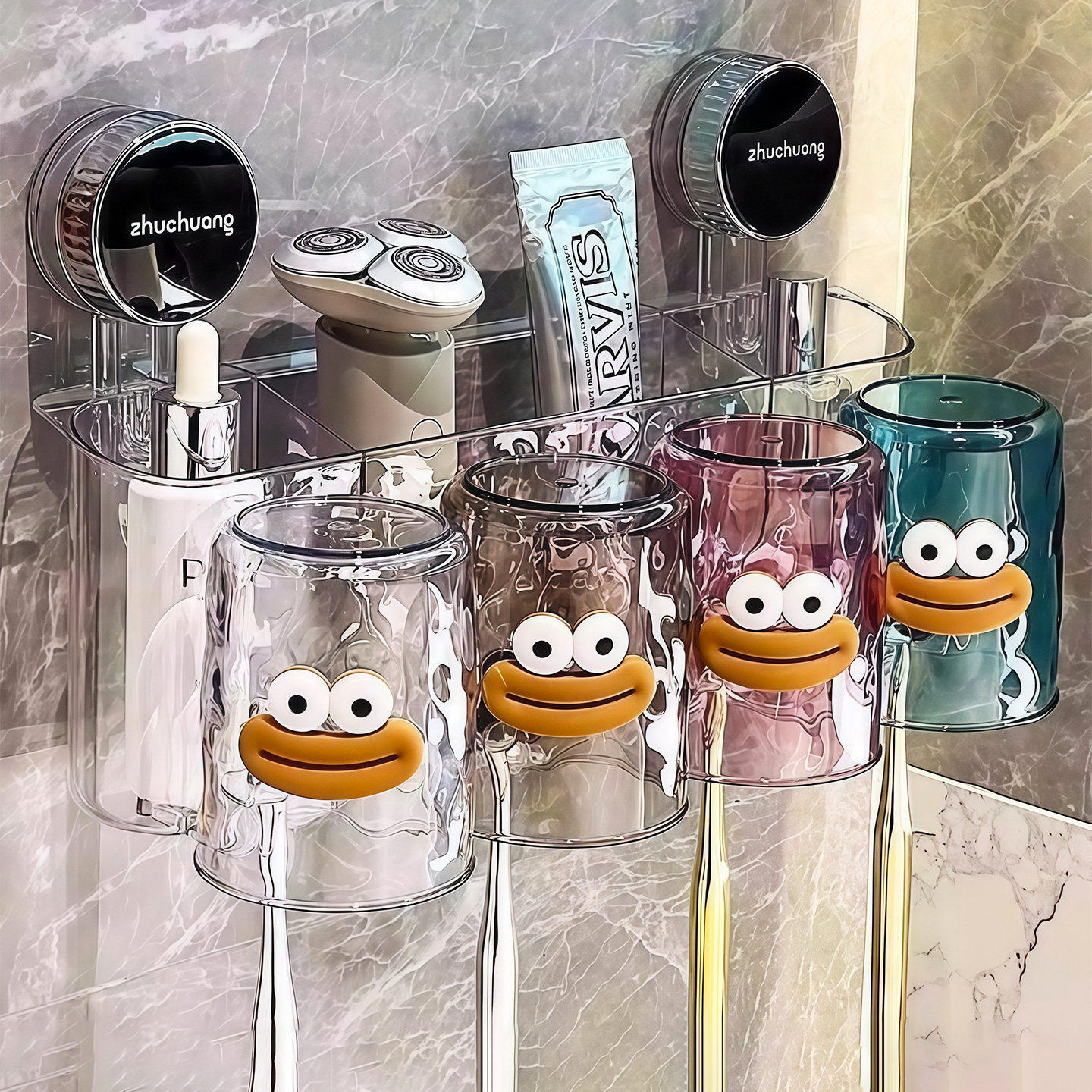 吸盘牙刷置物架高颜值壁挂式免打孔牙刷架新款卫生间刷牙杯漱口杯