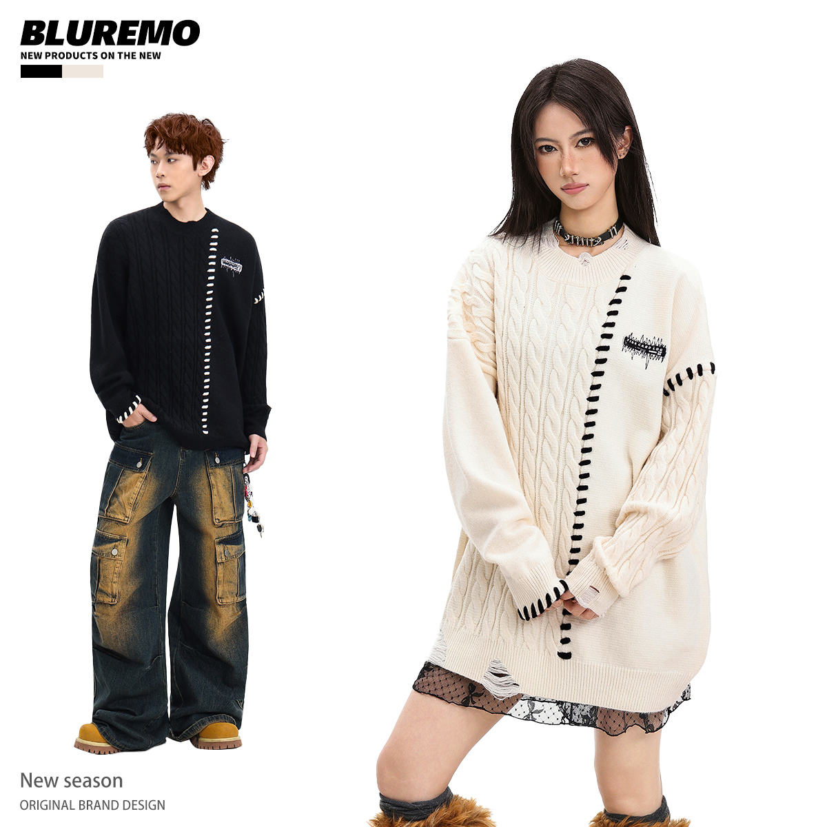 BLUREMO撞色穿绳麻花针织衫毛衣