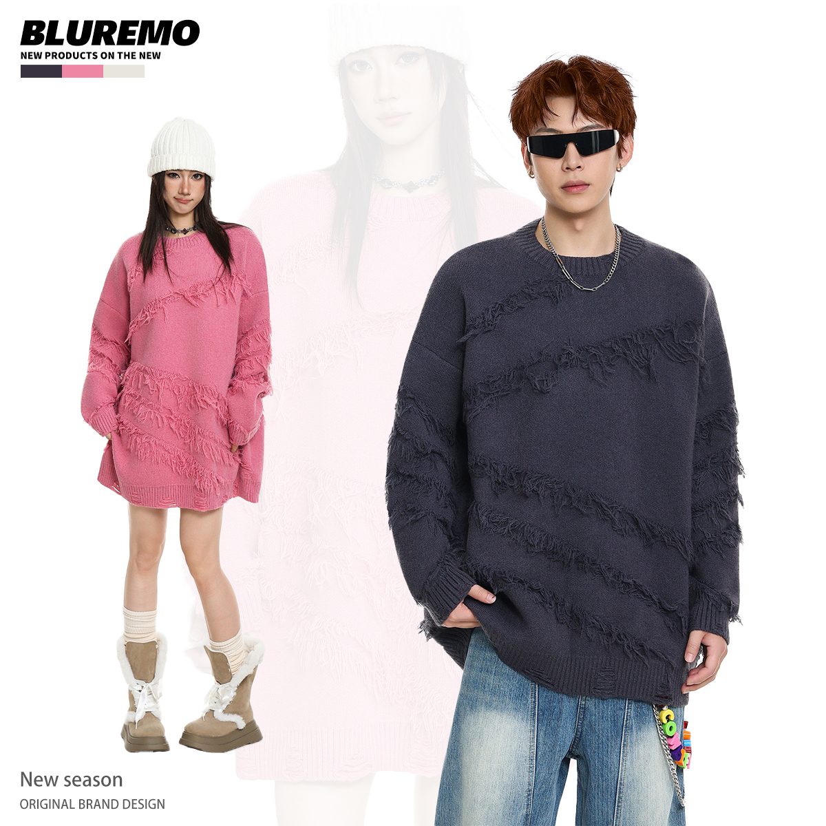 BLUREMO秋冬毛边圆领针织毛衣