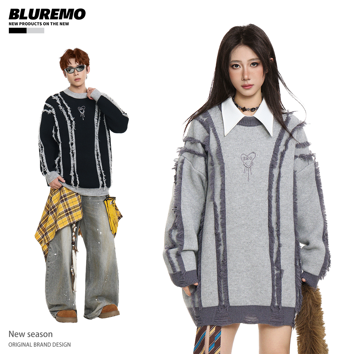 BLUREMO撞色毛边情侣毛衣
