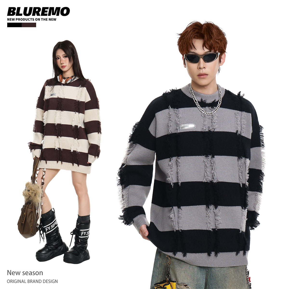 BLUREMO条纹撞色毛边针织毛衣