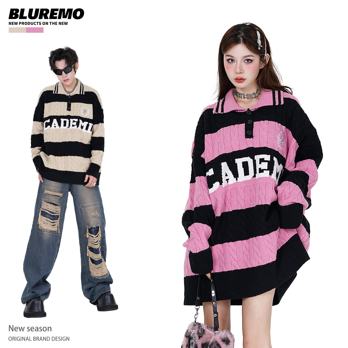 BLUREMO撞色条纹字母Polo领毛衣