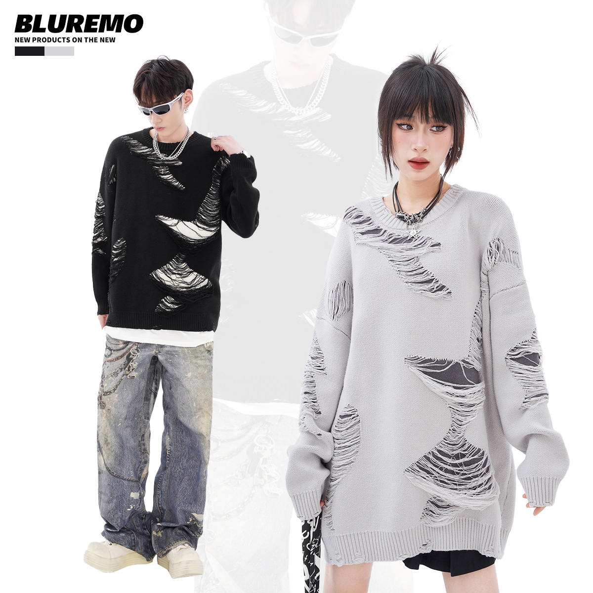 不规则撞色毛衣BLUREMO套头圆领