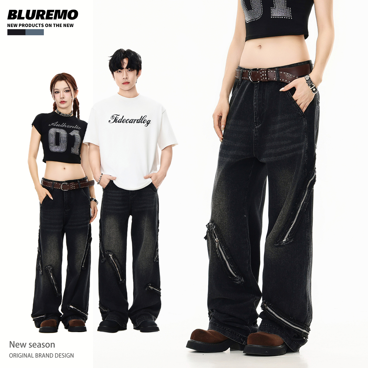 BLUREMO街头流行直筒显瘦牛仔裤