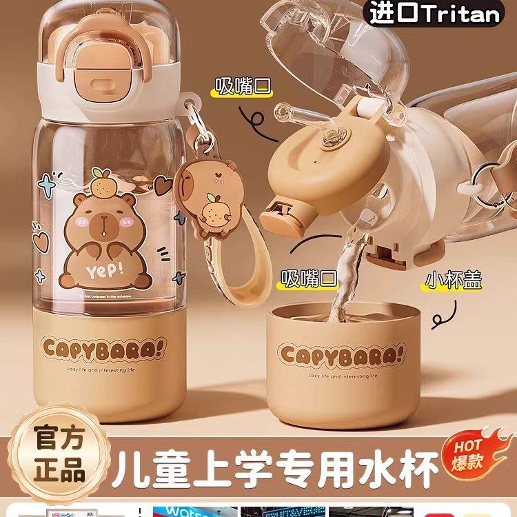德国卡皮巴拉Tritan可爱卡通水杯上学专用带吸管吸嘴口小杯盖