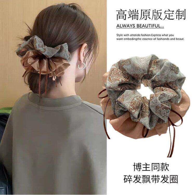 新款韩系高端碎花飘带大肠发圈女丸子头头绳扎头发绳头花发饰