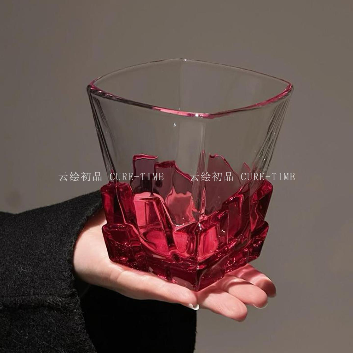 红色冰块玻璃杯小众设计轻奢高档喝水杯高级感威士忌酒杯洋酒杯