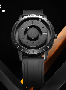 EUTOUR简黑系列 磁力走珠无指针虫洞概念男款防水七夕石英腕表