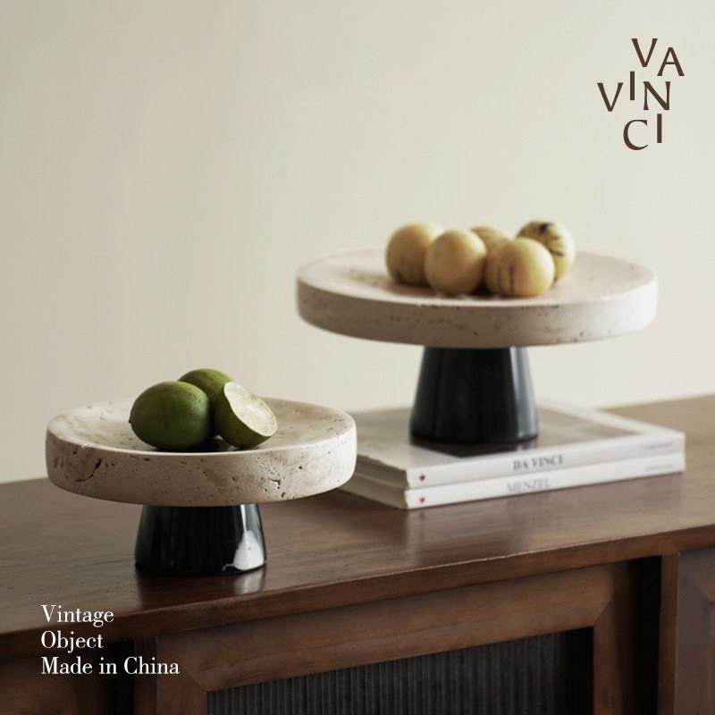 梵其侘寂风创意洞石圆形实木底托 托盘摆件简约客厅茶几餐桌果盘