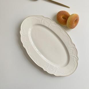 浮雕描金陶瓷椭圆鱼盘大号家用蒸鱼盘菜盘高级高餐盘甜品盘 法式